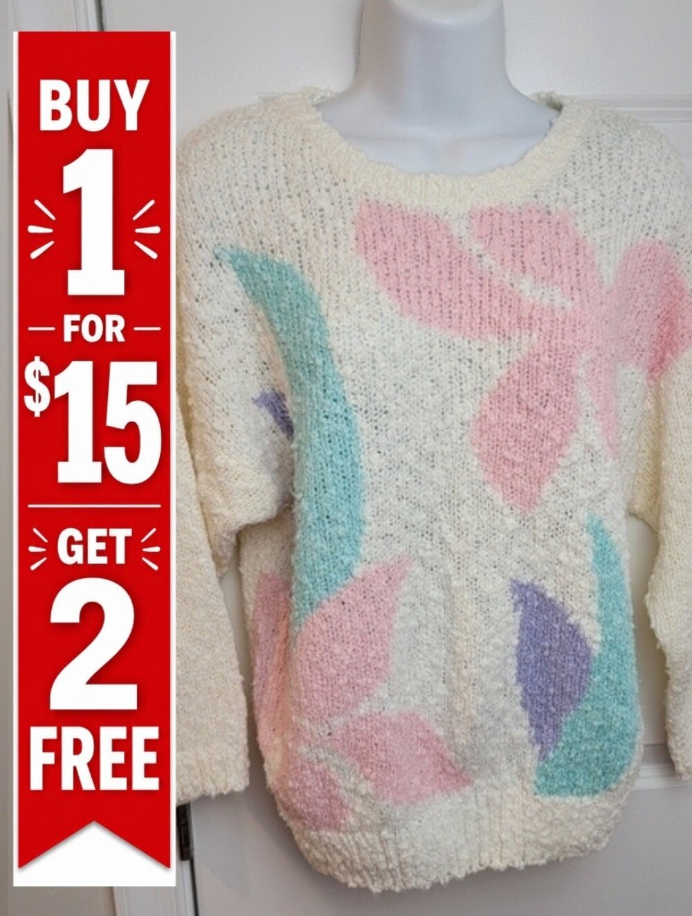 VINTAGE Here's A‎ Hug Acrylic Sweater Cream Pastel Flowers Large